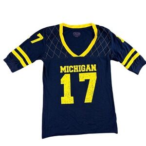 e5 Michigan Wolverines Football Jersey T-Shirt Women M Blue 17 V Neck Striped